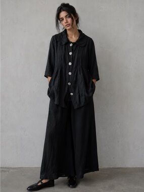 Papa Vancouver Black Linen Blend Art Jacket Lagenlook Peter Pan Collar S